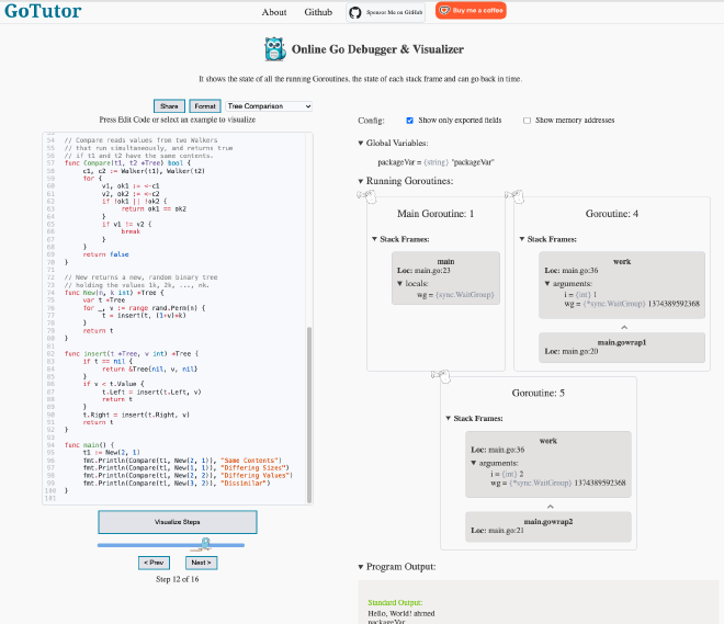 The GoTutor page. On the left is a text editor with Go code. On the right, there are boxes for three goroutines with stack frame details.