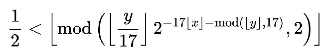 Tupper's formula: One half is less than the floor of the modulo to the base of 2 of the floor of y divided by 17 times 2 to the power of -17 times the floor of x minus the modulo to the base of 17 of the floor of y.